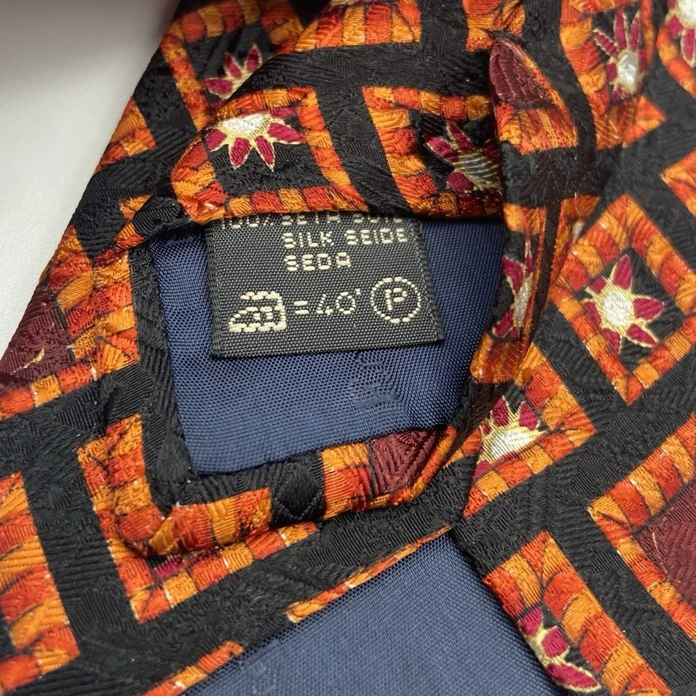 Ermenegildo Zegna Black Orange Dk Red Tie‎ 100% Silk Italy